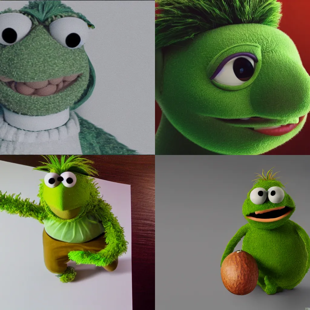 Prompt: highly detailed vfx portrait of an avocado muppet