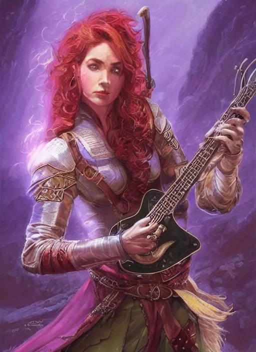 Image similar to female bard playing guitar, ultra detailed fantasy, dndbeyond, bright, colourful, realistic, dnd character portrait, full body, pathfinder, pinterest, art by ralph horsley, dnd, rpg, lotr game design fanart by concept art, behance hd, artstation, deviantart, hdr render in unreal engine 5