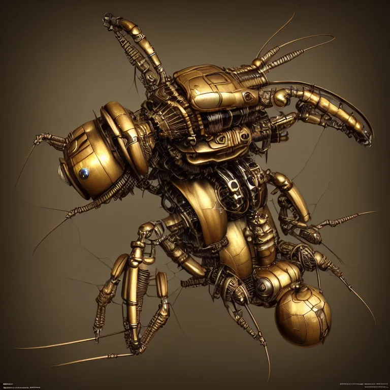 Image similar to steampunk robot hornet, 3 d model, unreal engine realistic render, 8 k, micro detail, intricate, elegant, highly detailed, centered, digital painting, artstation, smooth, sharp focus, illustration, artgerm, tomasz alen kopera, wlop