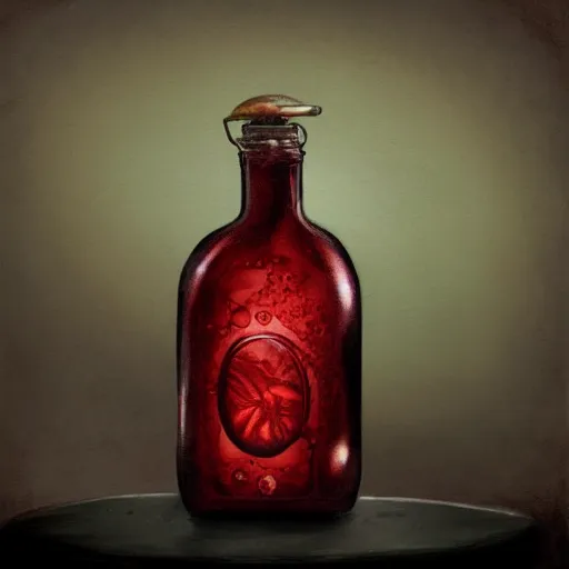 Prompt: a painting of a steampunk bubbly dark red potion bottle on a counter in a dark dusty vintage science lab, by h. r. giger, hyperrealistic fantasy art, concept matte, ethereal, dreamy, digital art, trending on artstation, volumetric cinematic lighting