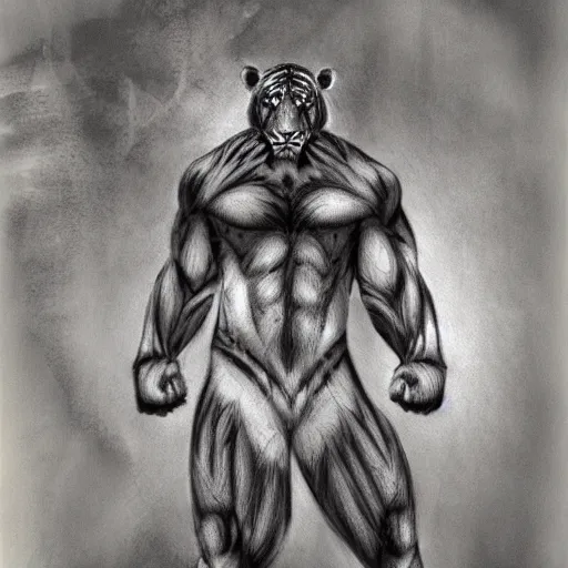 Image similar to A standing tiger showing off his muscles, featured on DeviantArt, FurAffinity