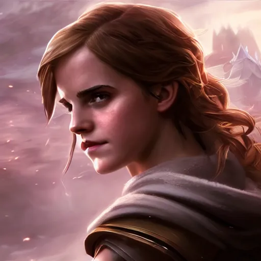 Image similar to portrait of emma watson as hermione, league of legends amazing splashscreen artwork, gears of war, splash art, natural light, elegant, photorealistic facial features, intricate, fantasy, detailed face, atmospheric lighting, anamorphic lens flare, cinematic lighting, league of legends splash art, hd wallpaper, ultra high details by greg rutkowski