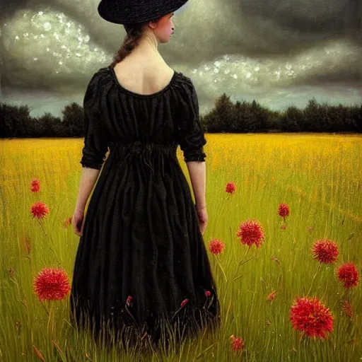 Image similar to a girl standing in a field, wearing black old dress and hat, by andrea kowch, andrea kowch style painting, dark, scene, magicrealism, flowers in background,