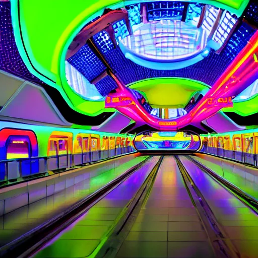 Image similar to space train station, futuristic, neon colours, highly saturated, high def, 8 k, hd, highly detailed,