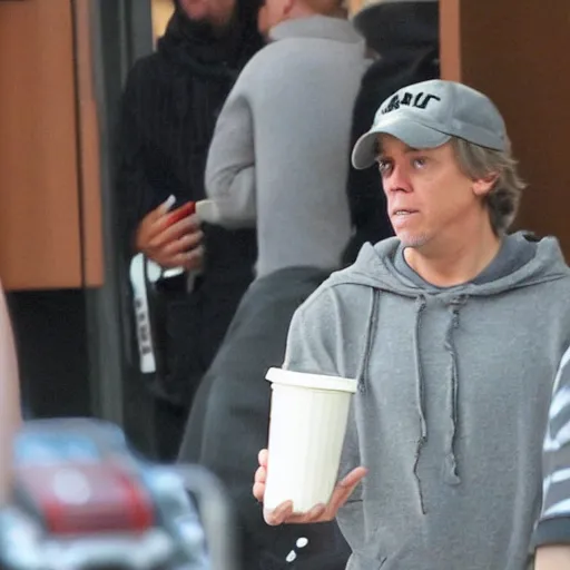 Prompt: paparazi photo of Luke Skywalker in a starbucks drinking coffee