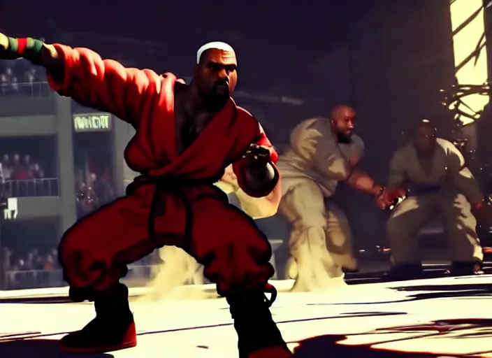 Image similar to ` kanye west in street fighter v ( 2 0 1 7 ), dynamic pose, official media, ps 4 in - game cinematic, 5 k