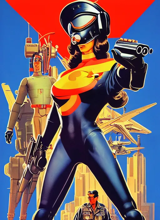 Image similar to american propaganda poster art. powerful cyberpunk pilot. portrait by jean giraud and anton otto fischer and john philip falter and will eisner and gil elvgren and pixar. full body. realistic proportions. science fiction d & d. overwatch, rb 6 s, cyberpunk 2 0 7 7, blade runner 2 0 4 9 concept art. cel shading. thick lines.