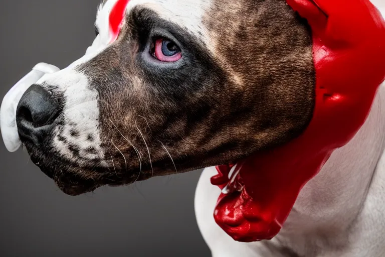 Image similar to side profile profile of a snarling pit bull wearing clown makeup and a red rubber nose, 4 k, hdr color