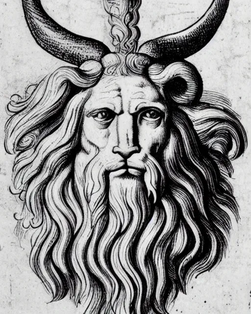 Image similar to four faces in one creature, eagle beak, lion mane, two large horns on the head, jesus face, drawn by da vinci. symmetrical