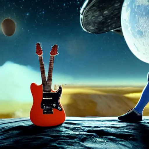 Prompt: a photo of a detailed, realistic, regular sized, sitting idle fender electric guitar next to a sitting idle beer can with an astronaut sitting down on the moon surface and an astronaut playing guitar in the background. detailed photo. realistic photo. cinematic. cinematic shot