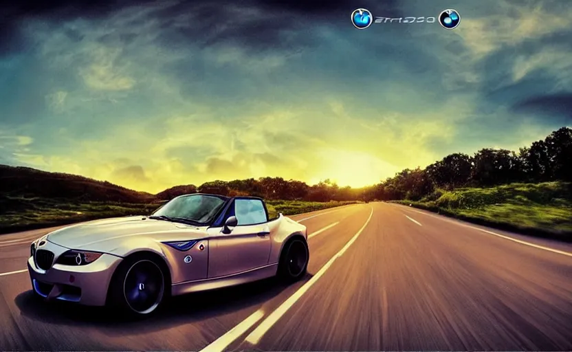 Prompt: “Beautiful Blue BMW Z3 driving fast on country road. Wheels rotating. Sunset background. Advertisement. Motion blur, high detail, zoomed in, fish eye lense. Artstation. Cinematic lighting.”
