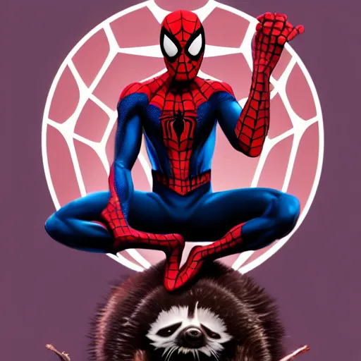 Image similar to spider - man sit on the raccoon and eating donuts, concept art, trending on artstation, highly detailed, intricate, sharp focus, digital art, 8 k