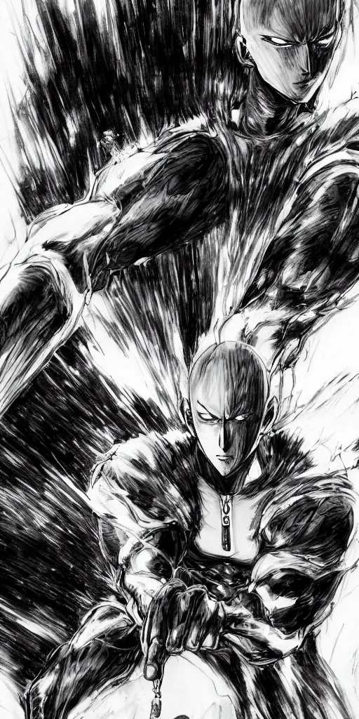 Image similar to concept art of one punch man, full body, dark colors, sinister atmosphere, dramatic lighting, cinematic, establishing shot, extremely high detail, photo realistic, cinematic lighting, pen and ink, intricate line drawings, by Yoshitaka Amano, Ruan Jia, Kentaro Miura, Artgerm, post processed, concept art, artstation, matte painting, style by eddie mendoza, raphael lacoste, alex ross,