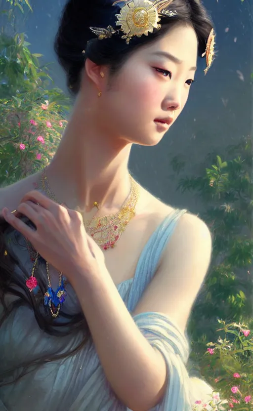 Image similar to a beautiful young charming asian goddess with sundress and jewelry | | winter, realistic shaded, unpleasant face, good looking, fine details, dior, lv, realistic shaded lighting poster by greg rutkowski, macoto takahashi, magali villeneuve, artgerm, jeremy lipkin and michael garmash