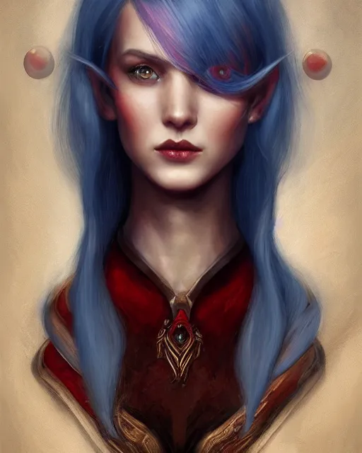 Image similar to A detailed matte oil on canvas head on symmetrical portrait of a beautiful distinguished elven woman with split red and blue hair on an empty background, by Charlie bowater, Wlop, trending on artstationhd, dungeons and dragons art, parted hair , half blue, half red , split dye, critical role