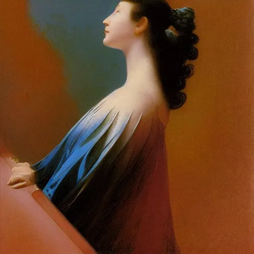 Image similar to a young woman's face, her hair is white and she wears an indigo satin cloak, by ivan aivazovsky and syd mead and moebius and gaston bussiere and roger dean and pieter claesz and paul delaroche and alma tadema and aelbert cuyp and willem claesz, hyperrealistic, volumetric light, octane render