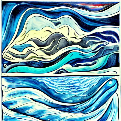 Prompt: instruments, waves, swirls, expansion, dark clouds, whales, medium: transparent overlay, tempera, airbrush