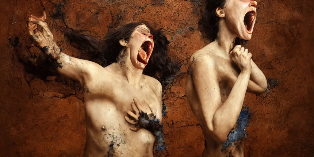 Image similar to highly detailed photography of a screaming woman made of rust clay and stone, rocks, hand gesture, dust particles, dirt, dramatic scene, aesthetic dynamic lighting, masterpiece, by roberto ferri, blue background, high quality, spatula