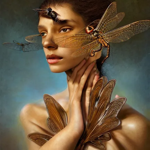 Image similar to brown woman wearing a shiny dragonfly armor. iridiscent. super detailed. layered. textured. award winning. dispersion of light. refracted lighting. soft. fragile. by ray caesar. by louise dahl - wolfe. by andrea kowch. by tom bagshaw. surreal photoraphy