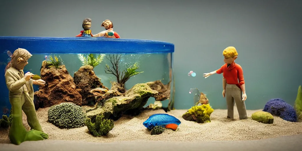 Prompt: fish tank in hospital waiting room. hands in tank. plasticine model of newt. figures clay. weird. surreal. fish tank with sand. strange. bubbles. tilt shift. tank. photorealistic.