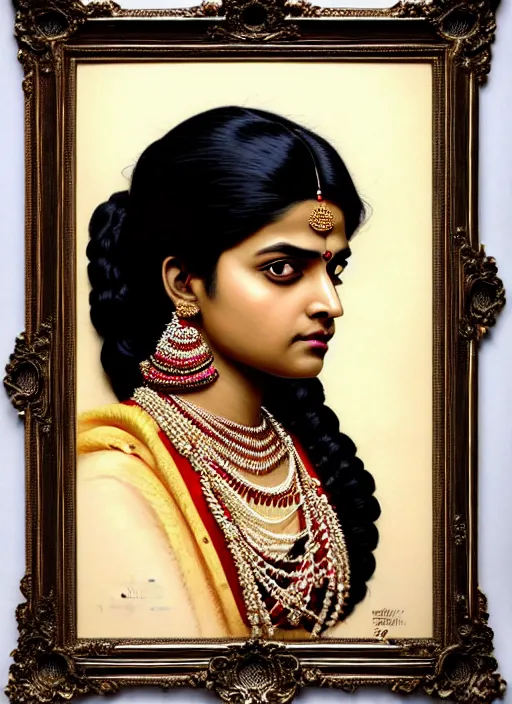 Prompt: 3 / 4 view of a portrait of an indian woman in victorian clothing, confident pose, intricate, elegant, sharp focus, illustration, highly detailed, concept art, matte, trending on artstation, anime, art by james jean and artgerm and brian despain and alberto mielgo, greg rutkowski, wlop, ilya kuvshinov, strong strokes