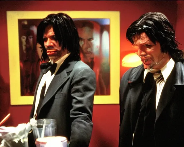 Image similar to detailed Mads Mikkelsen as Vincent Vega in Pulp Fiction with his partner Jules Winnfield, movie scene