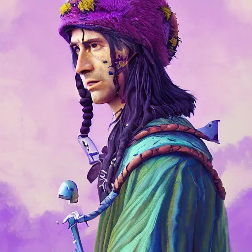 Image similar to A professional digital portrait painting of a hippie D&D druid, painted by Wes Anderson, painted by Hayao Miyazaki, dressed in light armor, 4k, digital art, trending on cgsociety, highly detailed, head and shoulders shot, shallow depth of field, purple and yellow lighting, professional lighting, airbrush,