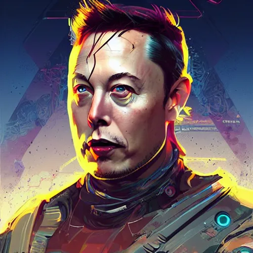 Prompt: elon musk as apex legends character, digital illustration portrait design, by android jones and greg rutkowski, retrowave color scheme, detailed, cinematic lighting, wide angle action dynamic portrait