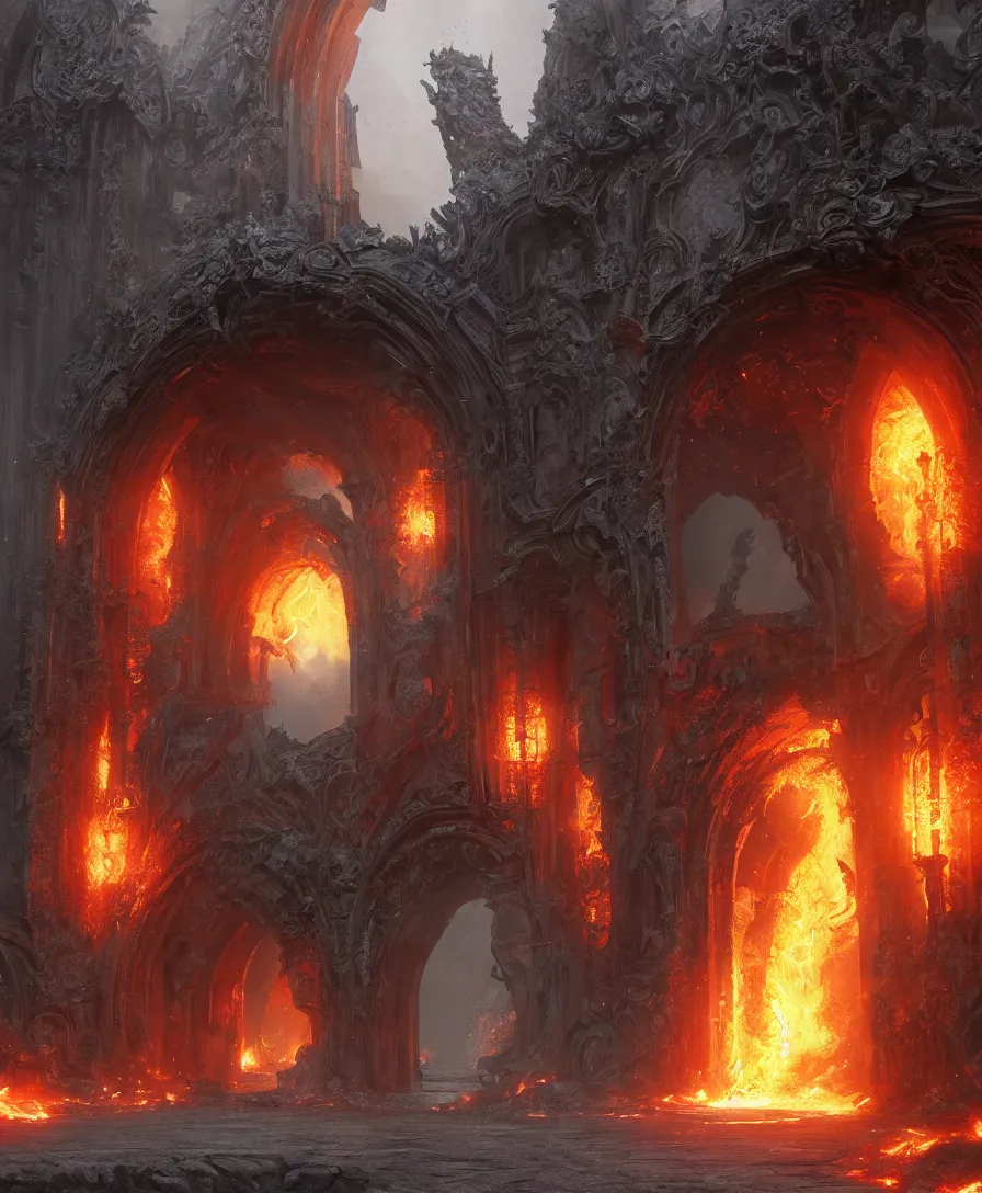 Prompt: gate entrance on hell, fire, art by greg rutkowski, intricate, ultra detailed, photorealistic, vibrante colors, trending on artstation, octane render, 4 k, 8 k