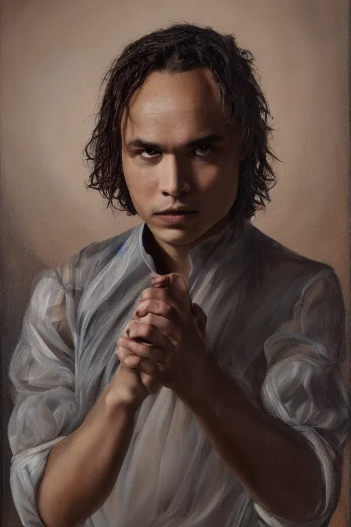 Prompt: Frank Dillane as Puck full body, oil on canvas,intricate portrait, 8k, highly professionally detailed, HDR, CGsociety