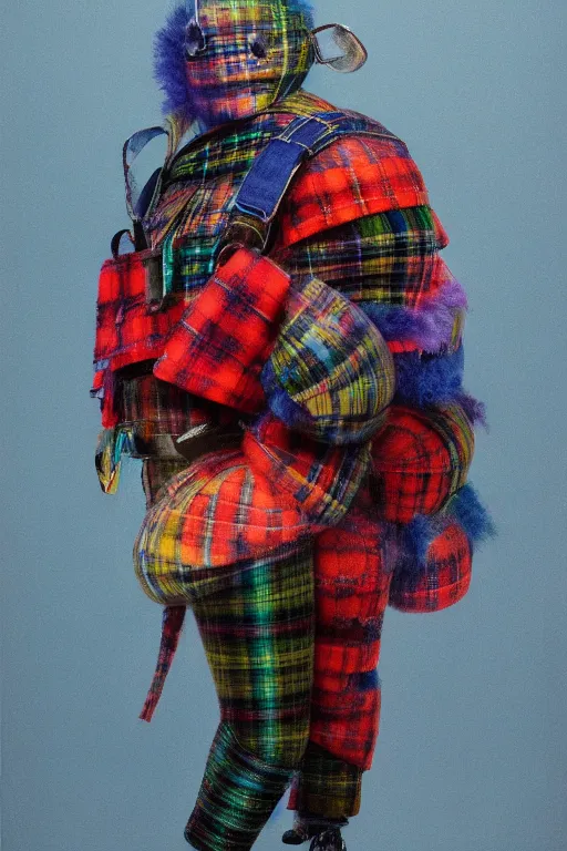 Image similar to a character wearing a voluminous inflatable suit made from tartan mix and ionized metal and plastic, blurred, muted colors, oil painting hyper real, super detailed, full body, soft light