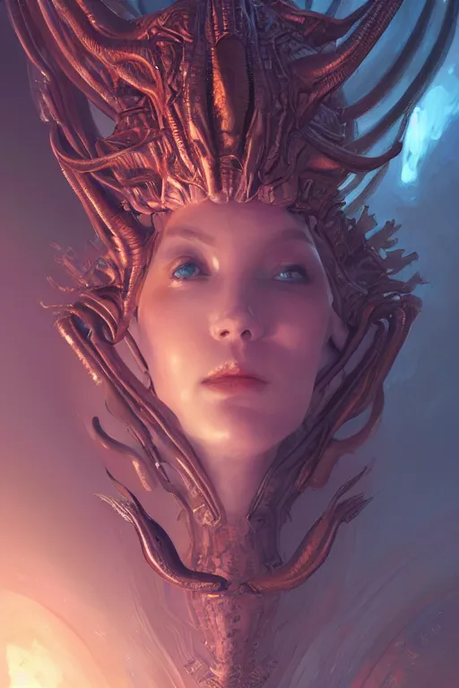 Image similar to attractive alien queen, close - up portrait, intricate, elegant, volumetric lighting, scenery, digital painting, highly detailed, artstation, sharp focus, illustration, concept art, gaston bussiere, ruan jia, steve mccurry