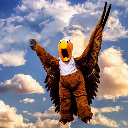 Image similar to cinematic photo of a giant eagle carrying away a person in a mascot costume, camera is looking up at the subject in the sky with fancy clouds behind