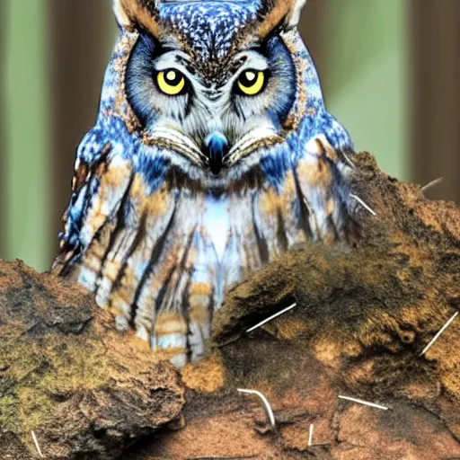 Image similar to mixture between an! owl and wolf, captured in a forest