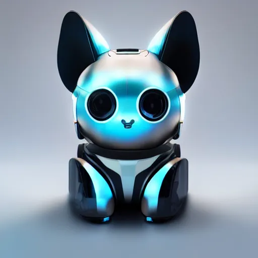 Image similar to product photo of a futuristic stylized pet robot, kitten puppy teddy mix, cute robot face, kindchenschema, large ears, large tail, by artgerm and greg rutkowski and marc newson, alphonse mucha, zaha hadid, side view, volumetric light, detailed, octane render, midsommar - t