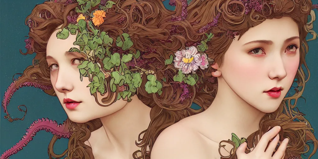 Prompt: a portrait of a very seductive young woman, hair full of gigantic flowers and octopus tentacles, photoillustration, realistic, closeup, facing the camera, dark, dramatic lighting, in the style of WLOP and Alphonse Mucha and Kim Deuk-sin
