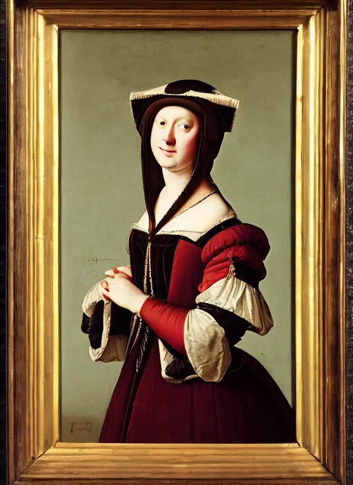 Prompt: portrait of young woman in renaissance dress and hatart by petrus christus,