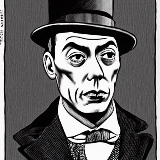 Prompt: buster keaton drawn by robert crumb
