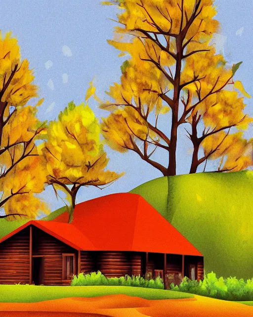 Prompt: autumn hill cabin man illustration by arti chauhan light color