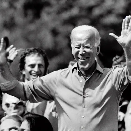 Prompt: joe biden having a time of his life at woodstock