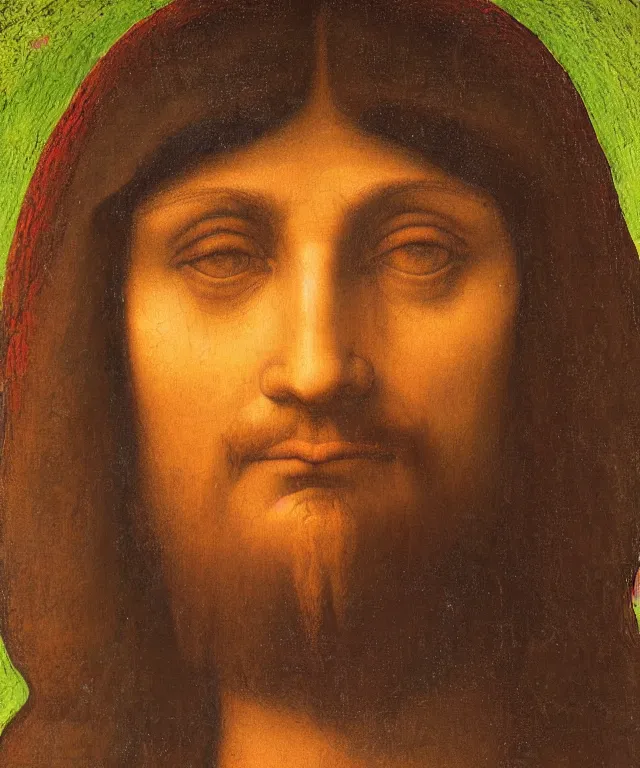 Image similar to portrait of mexican jesus, leonardo di vinci, painting, mexican colors