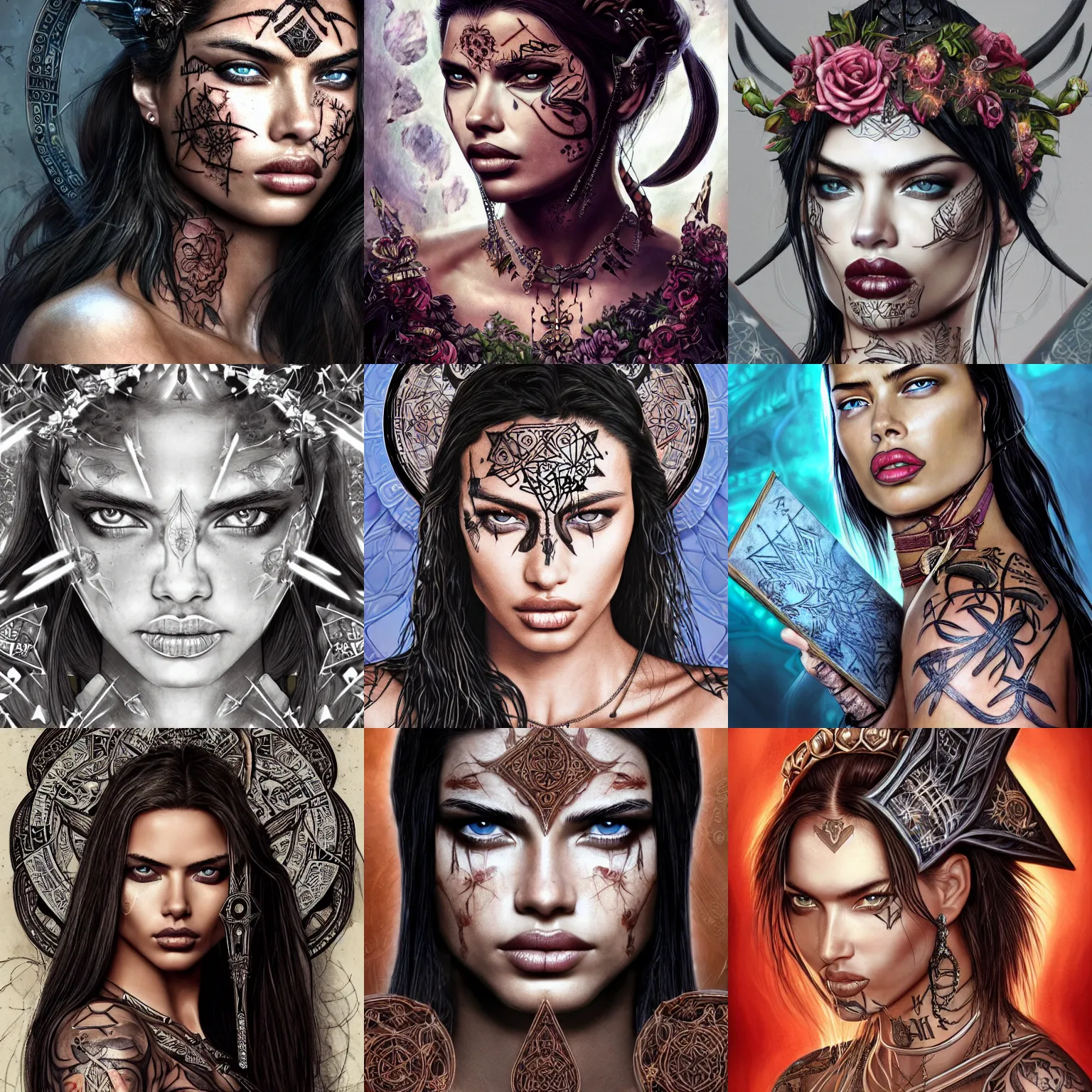 Prompt: - H 640 close-up face centred portrait Adriana Lima as a female warrior, body covered in floral tattoos and Wiccan runes , open magic book glowing, D&D, fantasy, highly detailed, digital art, fantasy illustration, trending on artstation, smooth, sharp focus, illustration, art by artgem and ROBERT HYNES