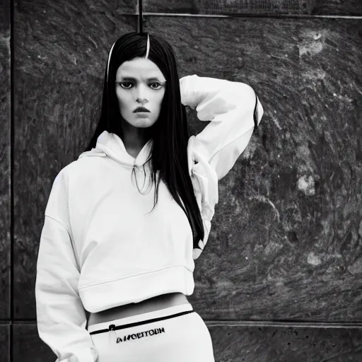 Image similar to vogue fashion photography of model wearing streetwear fashion white clothing, inside berghain, futuristic fashion, photo 3 5 mm leica, hyperdetail, 8 k, very detailed
