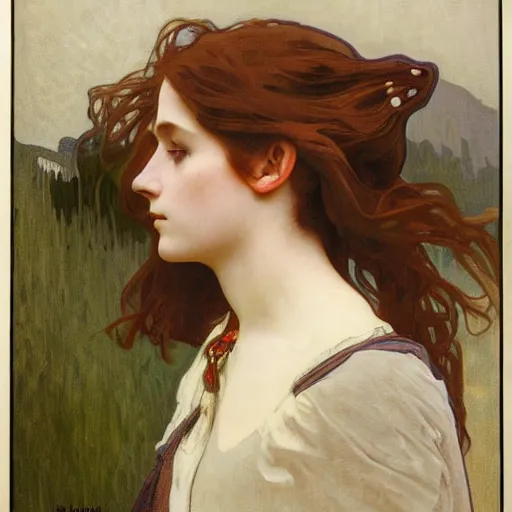 Prompt: a beautiful painting of a young girl in the scottish highlands, underexposed and overcast, by alphonse mucha, john sargent, and octane.