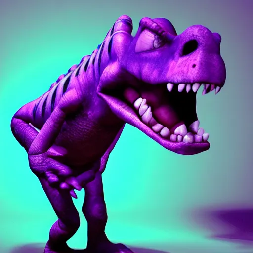 Image similar to barney the dinosaur in a dim purple lit room, melancholy, trending on artstation