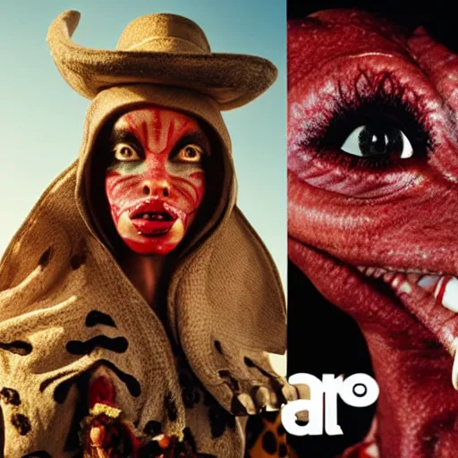 Image similar to dolce & gabbana campaign featuring jar jar binks as a female cowgirl, long eyeslashes, huge juicy lips, big seductive eyes, shot by mario testino, realistic vfx simulation