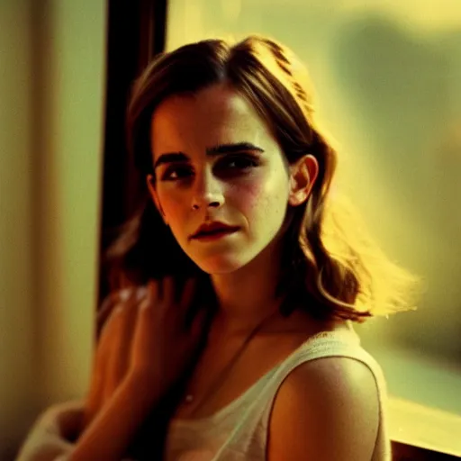 Image similar to Photograph of Emma Watson smoking by the window. Golden hour, dramatic lighting. Medium shot. CineStill