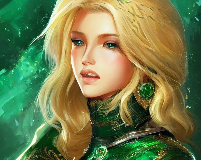 Prompt: A blonde emerald warrior, HD, illustration, epic, fantasy, intricate, elegant, amazing detail, digital painting, artstation, concept art, smooth, sharp focus, illustration, art by Turine Tran