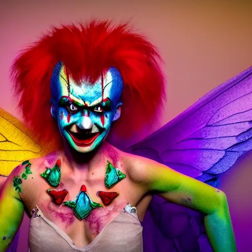 Prompt: psycho clown fairy, bleeding wings colors, cinematic lighting, various refining methods, micro macro autofocus, ultra definition, award winning photo