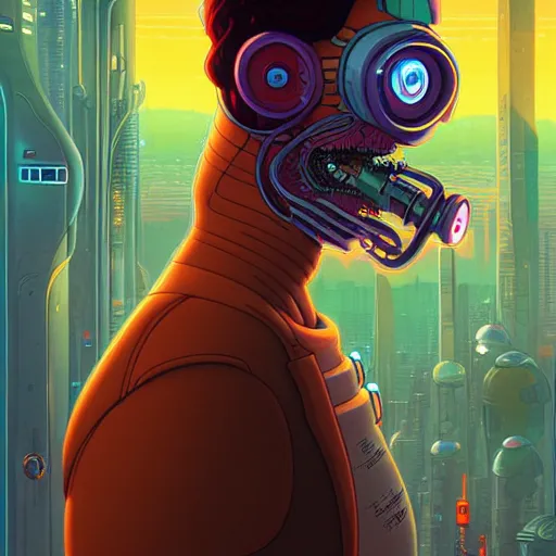 Image similar to akah 0 c 0 k futurama cyberpunk portrait by gaston bussierre and charles vess and james jean and erik jones and rhads, inspired by rick and morty, huge scale, beautiful fine face features, intricate high details, sharp, ultradetailed